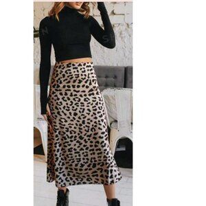 Shein Leopard Satin HighWaisted Mermaid Hem A Line Cheetah Midi Skirt Size Large